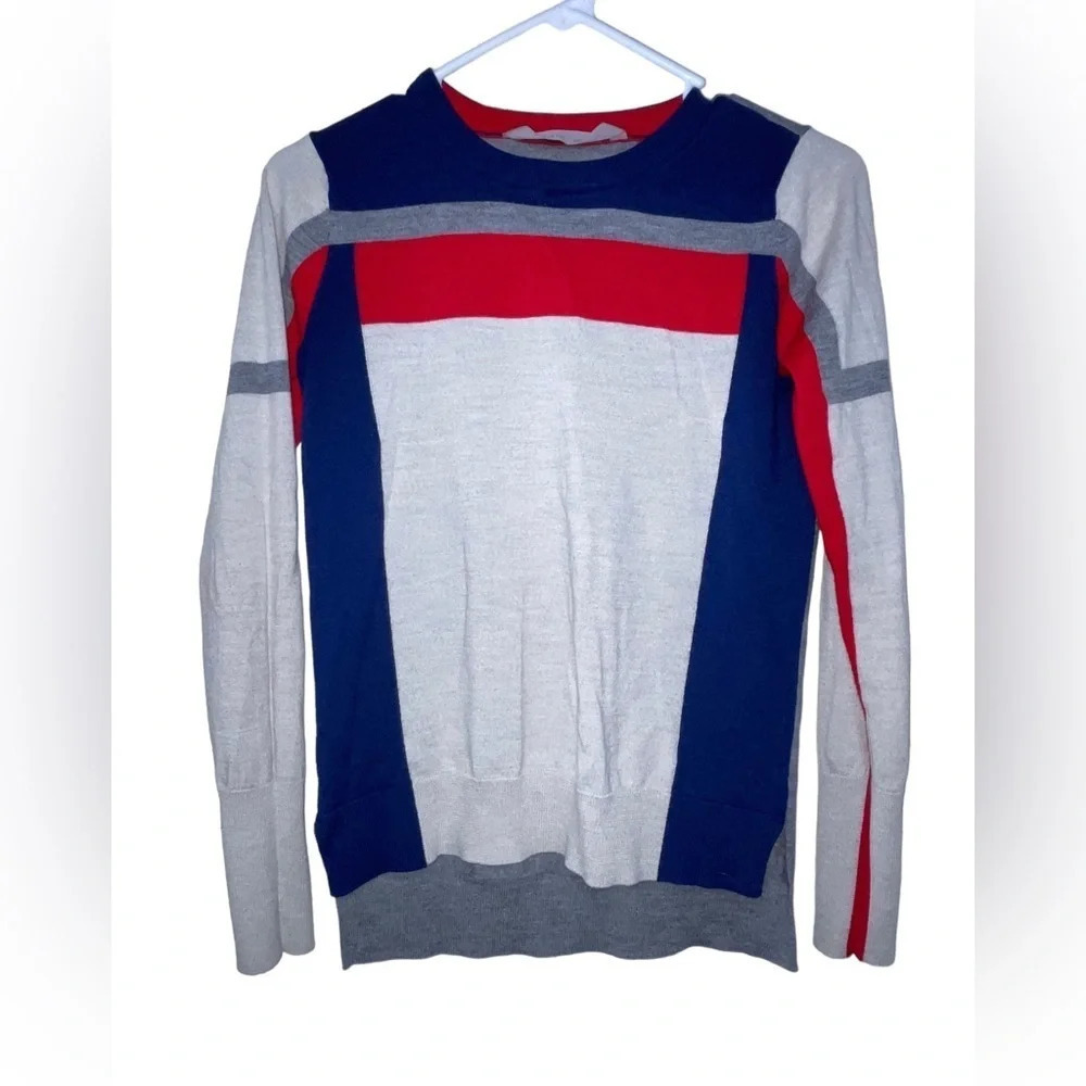 Athleta Color Block Stripe Sweater Merino Wool Women’s Size XXS Gray Red Blue